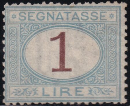 Regno D’Italia 1870 Segnatasse 1 l. azzurro chiaro e bruno Sass. 11 MVLH*/** Firmato Alberto Diena Cv. 15000