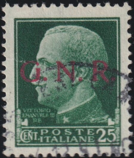 Repubblica Sociale 1944 25 c. verde varietà sovrastampa rosso lillaceo NQ Usato Certificato e firmato Wolf