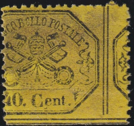 Stato Pontificio 1868 III Em. 40 c. giallo limone con varietà di dentellatura NQ MNH** Raro Certificato Chiav.