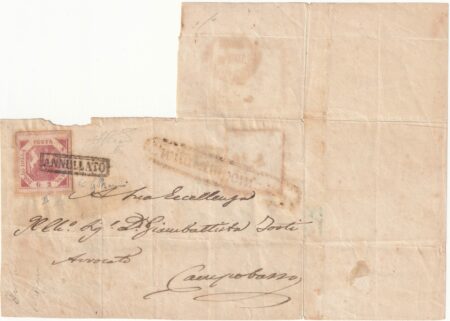 1858 2 gr. Sass 6c da Civitacamporano Pt.9 x Campobasso 2 gr. Sass 5 rispedita a Napoli f. AD Rarissima