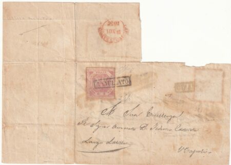 1858 2 gr. Sass 6c da Civitacamporano Pt.9 x Campobasso 2 gr. Sass 5 rispedita a Napoli f. AD Rarissima