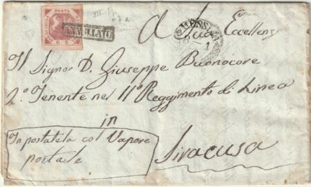 1860 1 Gen 2 gr. Sass. 7e isolarto su lettera Via di Mare impostata sul battello da Napoli x Siracusa xmilitare firma ED
