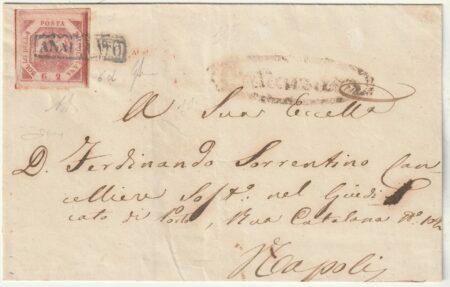 1858 14 Ott 2 gr. Sass 6d grandi margini su sovracoperta da Catanzaro x Napoli f. AD Cv 5000