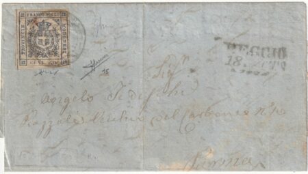 1859 18 Ott 20 c. Sass 15 grandi margini su lettera da Reggio x Parma f. Chiav, Sor, Bol Cv 2250