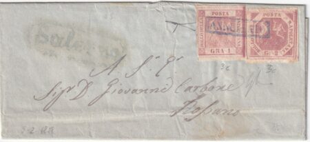 1858 9 Feb 1 gr. + 2 gr. Sass 3c+5c su letterina da Salerno x Rossano Rarità f. Bott Cv 30.000+++