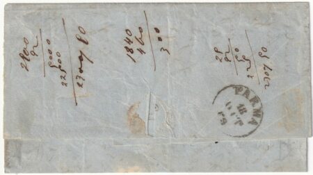 1859 18 Ott 20 c. Sass 15 grandi margini su lettera da Reggio x Parma f. Chiav, Sor, Bol Cv 2250