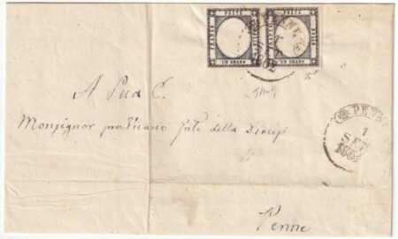1862 1 Set Nov Province Napoletane 1 gr. coppia Sass 19c ampi margini su sovr. da Penne x città doppio porto Rarissima