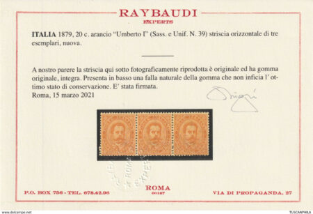 1879 Umberto I 20 c. arancio striscia di 3 Sass. 39 MNH** Cert Ray Cv. 4500