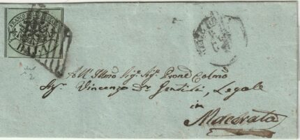 1857 -6 Mar 1 b.isolato Sass.2 ben marginato su sovr. migno da Civitanova Pt.3 x Macerata f.Chiav Spl