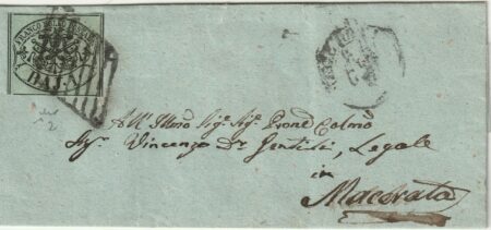 1857 -6 Mar 1 b.isolato Sass.2 ben marginato su sovr. migno da Civitanova Pt.3 x Macerata f.Chiav Spl