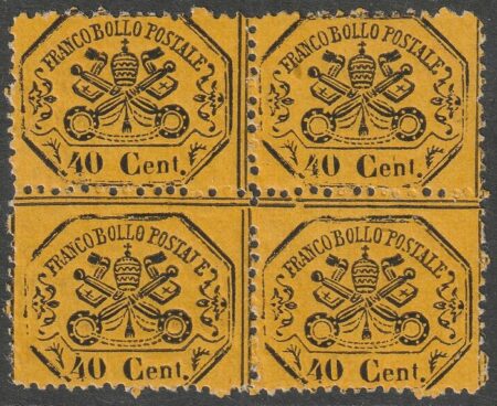 III Em. 40 c. giallo intenso Senza Punto dopo la cifra Quartina nuova con gomma rara pluriperiziata – Sassone n.29c/n
