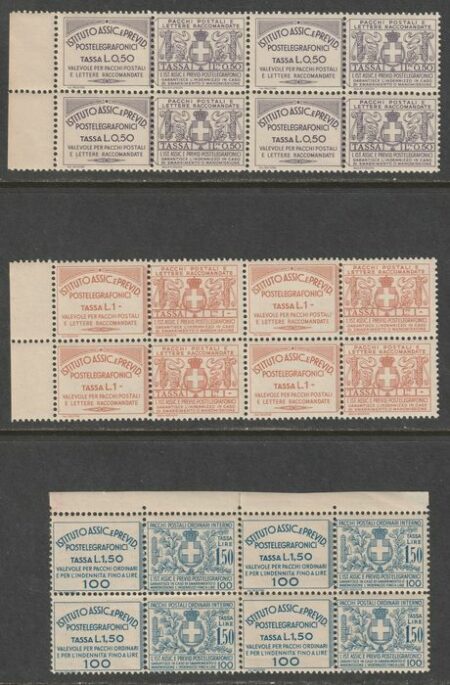 1936 – Postelegrafonici Serie di 3 valori da 50 c. + 1 l. + 1,50 l. in Quartine integre molto rara – Sassone nn.12/13+17