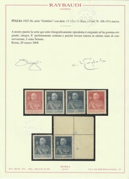 1925/26 – Giubileo D. 13 172 + D.11 le 2 Serie Complete centrate integre lusso Certificate – Sassone S.36+37