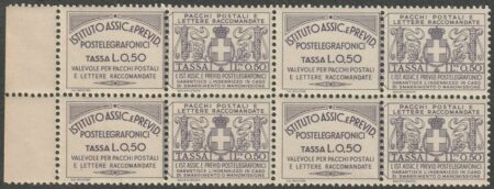 1936 – Postelegrafonici Serie di 3 valori da 50 c. + 1 l. + 1,50 l. in Quartine integre molto rara – Sassone nn.12/13+17