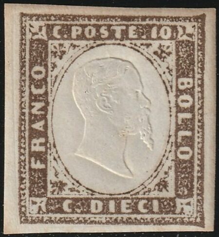 IV Em. 10 c. terra d’ombra I Tav. grandi margini Rarità lusso pluriperiziata – Sassone n.14