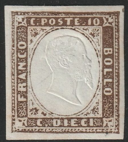 IV Em. 10 c. terra d’ombra grandi margini Rarità lusso Certificata – Sassone n.14