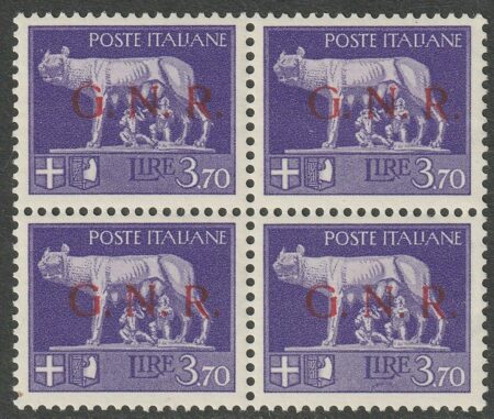 GNR Tir. di Verona 3,70 l. verde Errore di Colore Sovrastampa Rossa Quartina integra rara periziata – Sassone n.484A