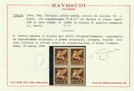 GNR Posta Aerea Tir. di Verona 50 c. Errore di Colore Sovr. Rossa Quartina integra rara Certificata – Sassone n.118A