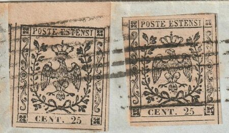 25 c. x 2 ben marginati su sovr. da Modena x Livorno rara – Sassone n.4
