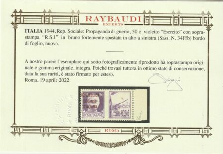 RSI Pdg 50 c. Sovrastampa Bruna fortemente spostata in alto a sx Bdf centrato integro Rarità Certificata – Sassone n.34Ffb