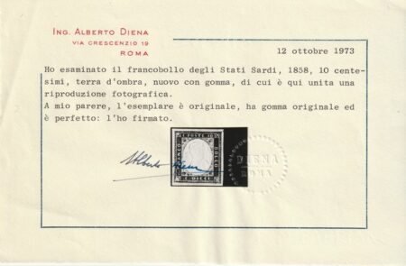 IV Em. 10 c. terra d’ombra grandi margini Rarità lusso Certificata – Sassone n.14