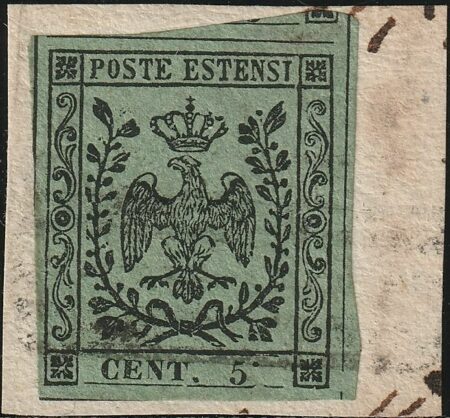 5 c. verde oliva Varietà punto in alto dopo 5 grandi margini usato su framm. raro perizi+Certificato – Sassone n.8b