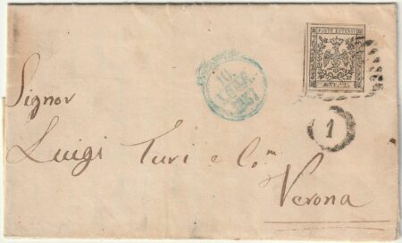 25 c. Varietà C di CENT evanescente grandi margini su lettera da Modena x Verona rara periziata – Sassone n.4 VAR