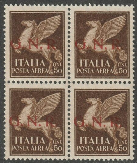 GNR Posta Aerea Tir. di Verona 50 c. Errore di Colore Sovr. Rossa Quartina integra rara Certificata – Sassone n.118A