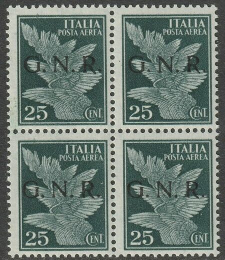 GNR Posta Aerea Tir. di Verona 25 c. Errore di Colore Sovr. Nera Quartina integra rara Certificata – Sassone n.117A