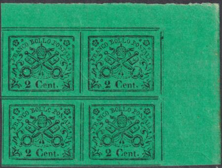 II Em. 2 c. verde giallo Quartina grandi margini Adf MNH**/MLH* f. Giulio Bolaffi- Sassone n.13
