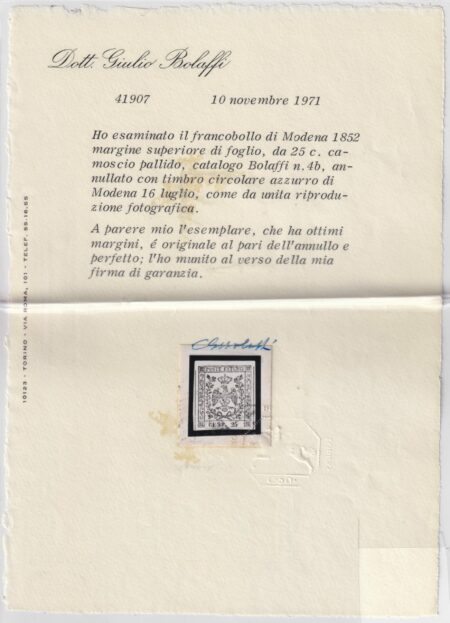 25 c. camoscio chiaro margini enormi annullo azzurro Eccezionale Certificato – Sassone n.4