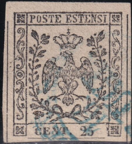 25 c. camoscio chiaro margini enormi annullo azzurro Eccezionale Certificato – Sassone n.4