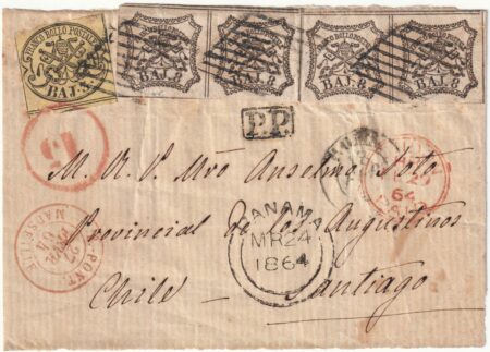 1864 18 Feb 3 b. + 8 b. 2 coppie Sass 4A+9 su frontespizio da Roma x Santiago del Cile, rara destinazione