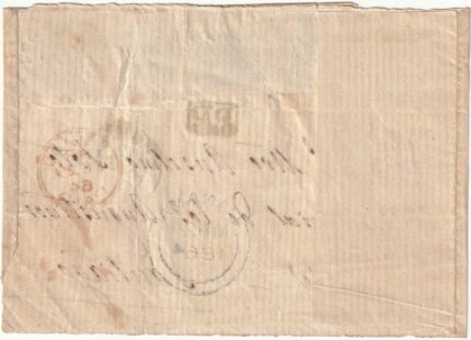 1862 18 Gen 8 b. striscia di 4 Sass 9 su sovr. da Roma x Vicenza “Diritto Italiano l.1,20” tassata f.ED rara