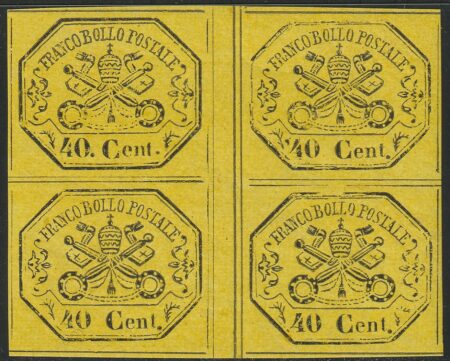 II^ Em. 40 c. Quartina con Interspazio verticale e 3 es. Senza Punto Sass 19-19a MNH** Luxus