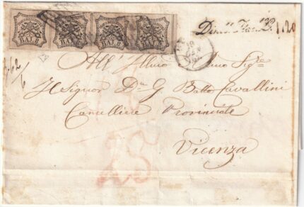 1862 18 Gen 8 b. striscia di 4 Sass 9 su sovr. da Roma x Vicenza “Diritto Italiano l.1,20” tassata f.ED rara