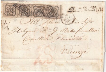 1862 18 Gen 8 b. striscia di 4 Sass 9 su sovr. da Roma x Vicenza “Diritto Italiano l.1,20” tassata f.ED rara