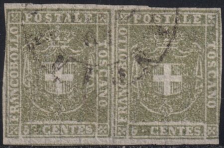 Governo provvisorio 5 c. verde oliva coppia usata annullo a cerchio di Asciano rara F.AD – Sassone n.18a