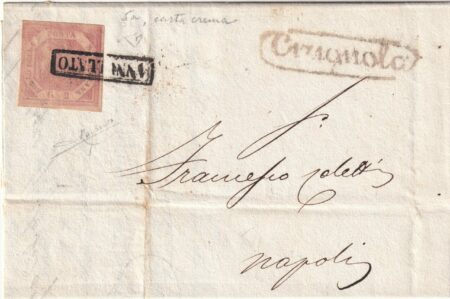 1858/60 – Cirignola Annulli Verde cerchio-Ann. Pt.7 + ovale-Ann. Pt.6 su 2 missive x Napoli pluriperiziate – Sassone n.5