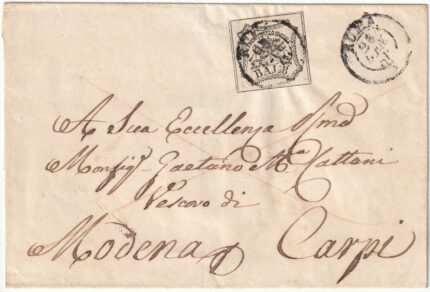 1854 28 Gen 8 b.isolato Sass 9 su sovr. da Roma x III^ Distanza oltre le 20 leghe x DUcato di Modena a Carpi