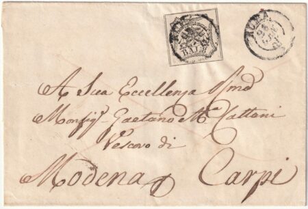 1854 28 Gen 8 b.isolato Sass 9 su sovr. da Roma x III^ Distanza oltre le 20 leghe x DUcato di Modena a Carpi