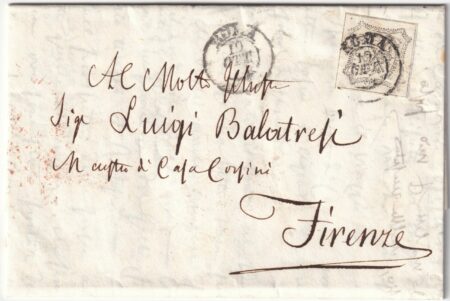 1854 28 Gen 8 b. grigio oleoso isolato Sass 9a su sovr. da Roma x Firenze Cv 1125
