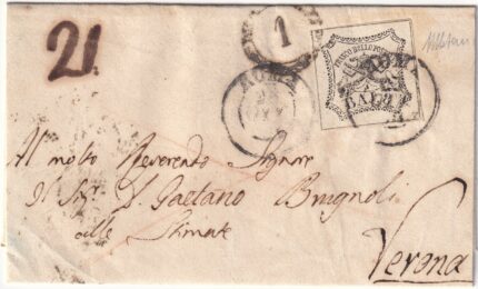 1854 28 Gen 8 b. grigio oleoso isolato Sass 9a su sovr. da Roma x Firenze Cv 1125