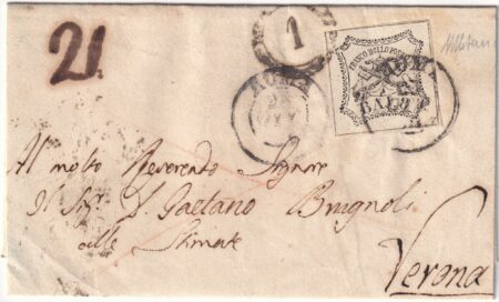 1854 28 Gen 8 b. grigio oleoso isolato Sass 9a su sovr. da Roma x Firenze Cv 1125