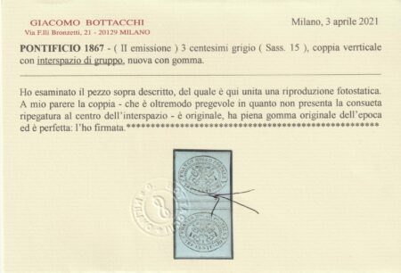 II^ Em. 3 c. Coppia con Interspazio Sass 15 MNH**/MLH* Cert Bottacchi f.AD Luxus Cv 10000