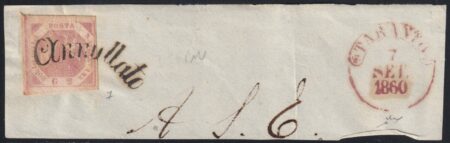 2 gr. III^ Tav. usato su frammento con annullo a Svolazzo di Taranto il 7 Sett 1860 – Sassone n.7