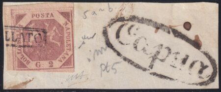 2 gr. I Tav. I^ Tiratura lilla su frammentino da Capua Pt.5 periziato – Sassone n.5a/b