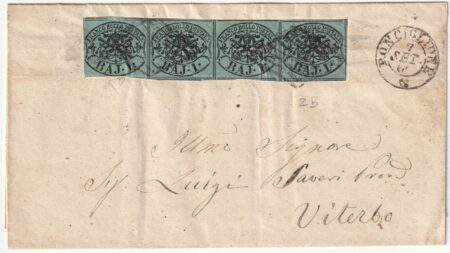 I Em. 1 b. II Comp. verde scuro striscia di 4 su lettera da Sutri Pt.3 x Viterbo rara periziata – Sassone n.2B