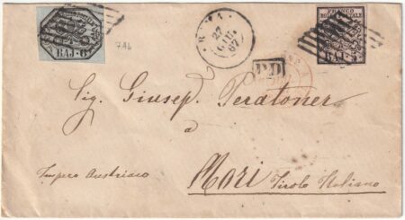 1867 27 Giu 5 b.+ 6 b. Sass 5+7a su sovr. da Roma x Mori nel Tirolo rara