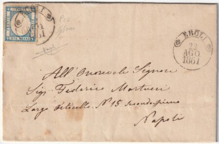 Province Napoletane 1861 – 2 gr. ampi margini usato su lettera da Eboli Pt.6 x Napoli periziata – Sassone n.20